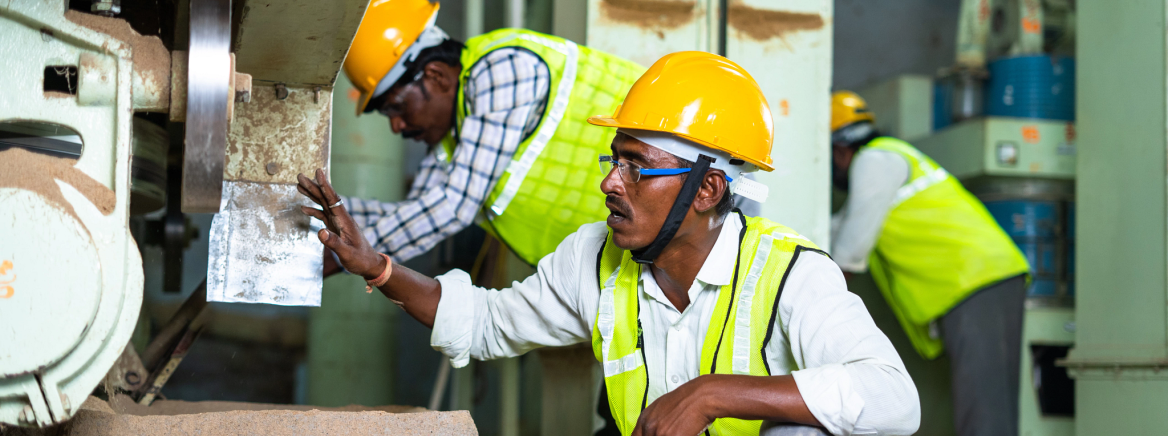 Industrial workers busy working on machinery with safety helmet at factory - concept of blue collar jobs, teamwork and occupation., ​​​​​​​​Air Quality Permitting and Enforcement Forms